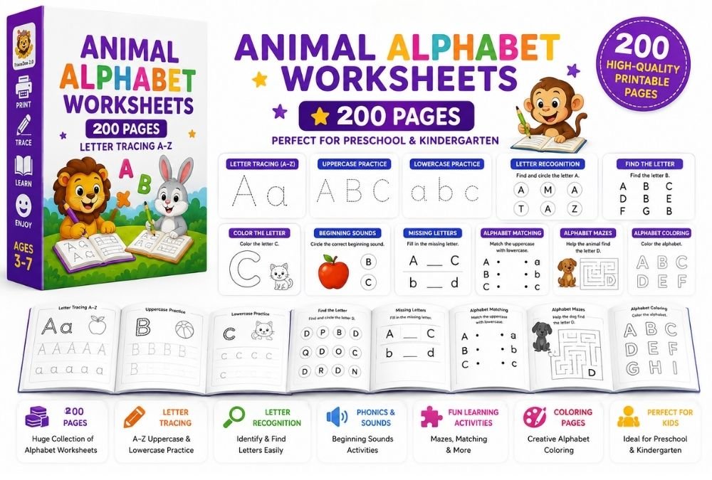 Animal Alphabet Worksheets — 200 printable pages, letter tracing A-Z preview