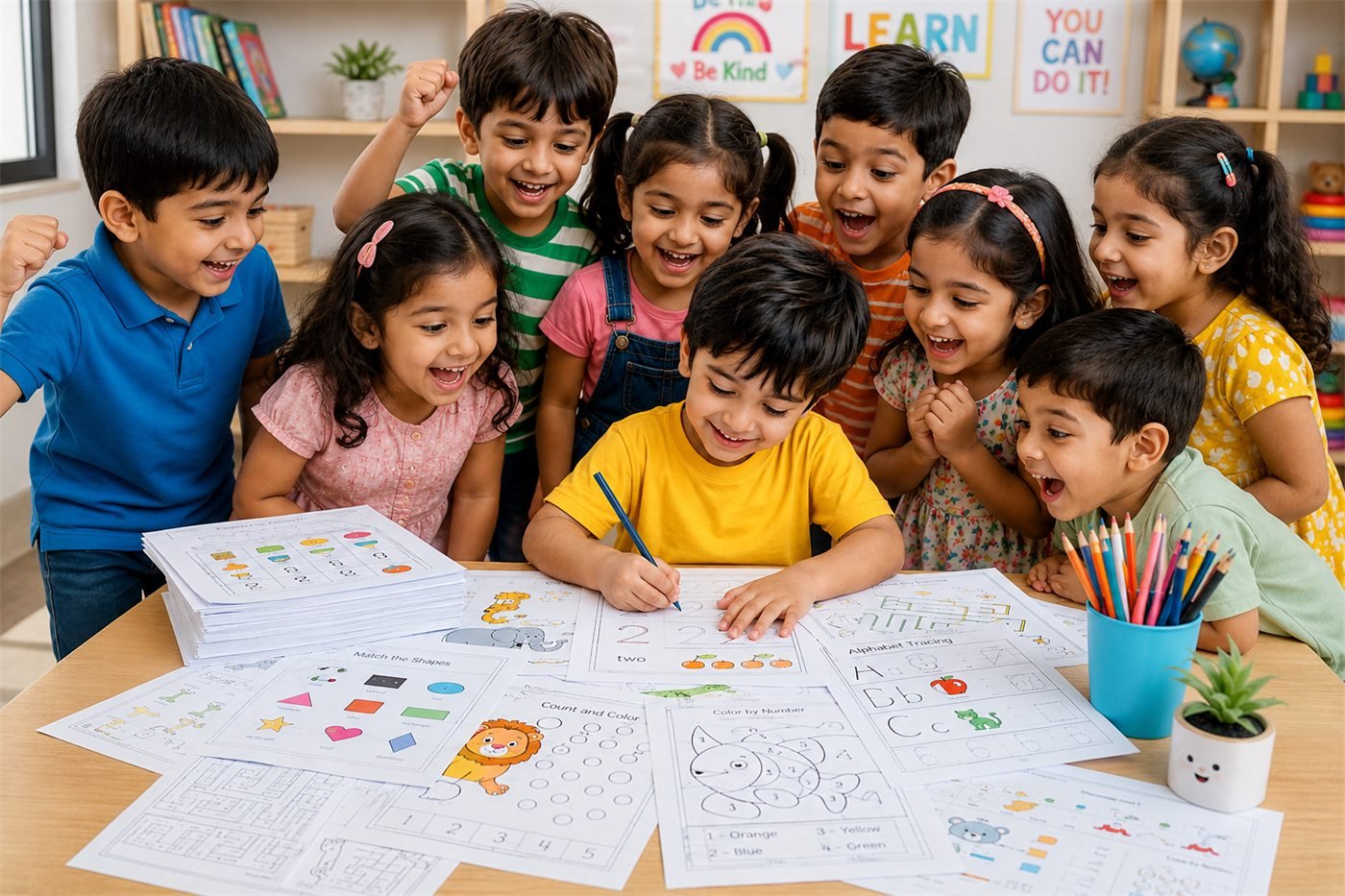 Kids gathered around a table full of printed TraceZoo worksheets