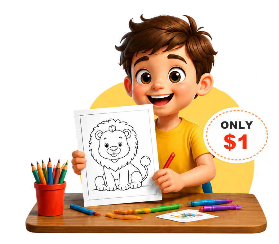 Happy boy holding a lion coloring page