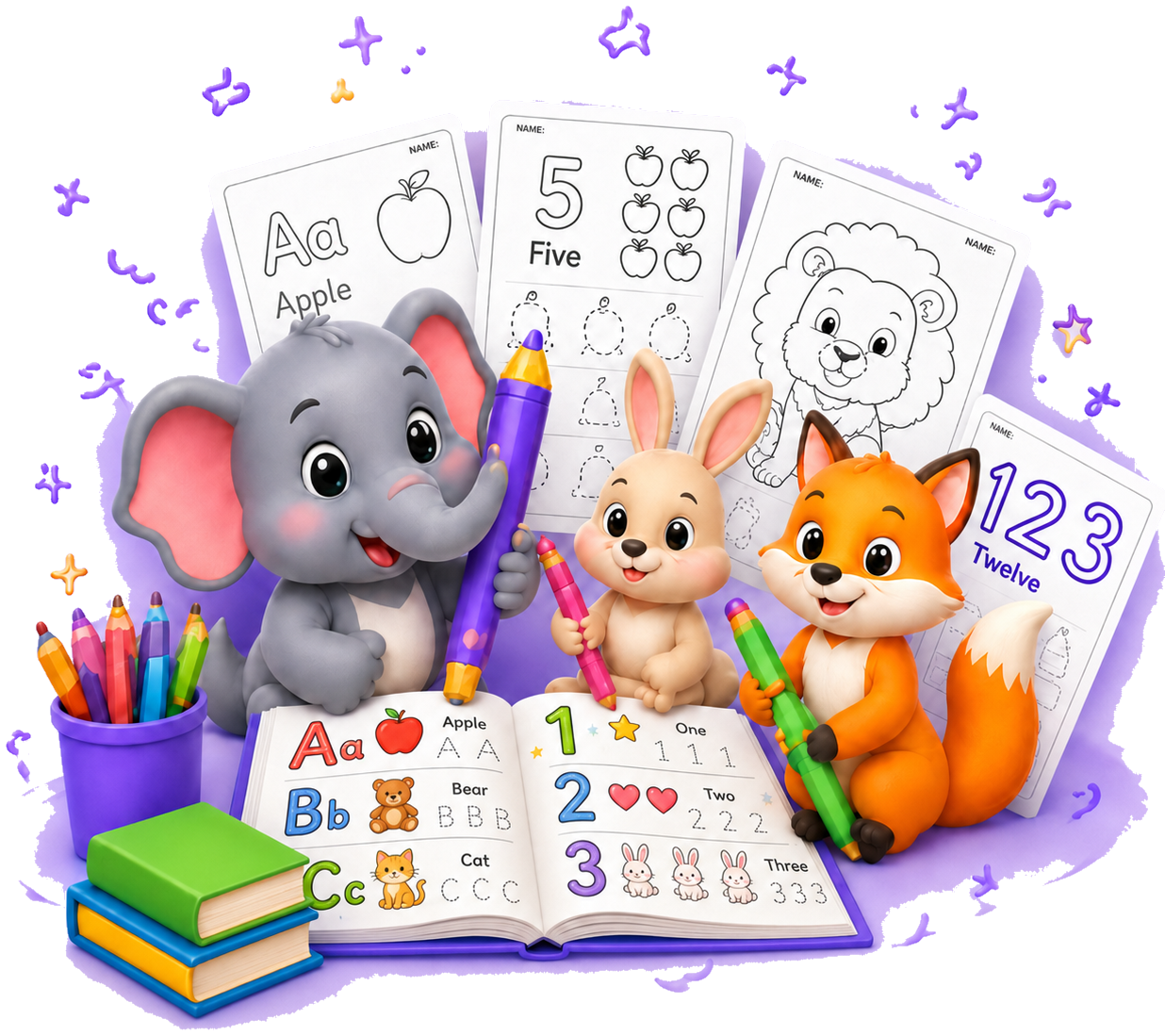 Elephant, rabbit and fox colouring TraceZoo tracing worksheets