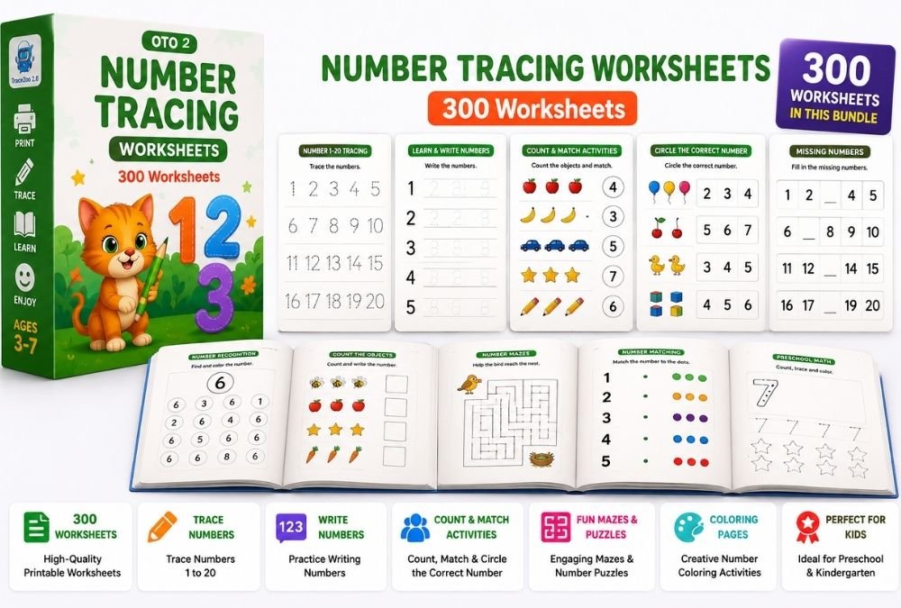 Number Tracing Worksheets — 300 printable worksheets preview