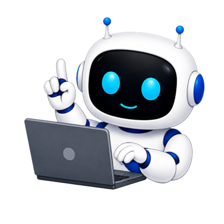Friendly robot mascot pointing up next to a laptop