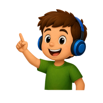 Support kid mascot wearing headphones and pointing up